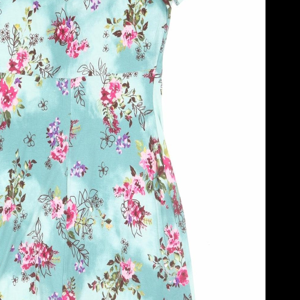 Honor Milburn Womens Blue Floral Viscose T-Shirt Dress  Size 14  V-Neck Pullover