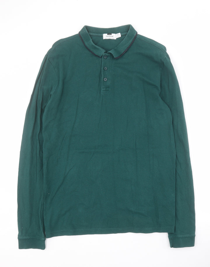 Topman Mens Green Cotton Polo Size L Collared Button