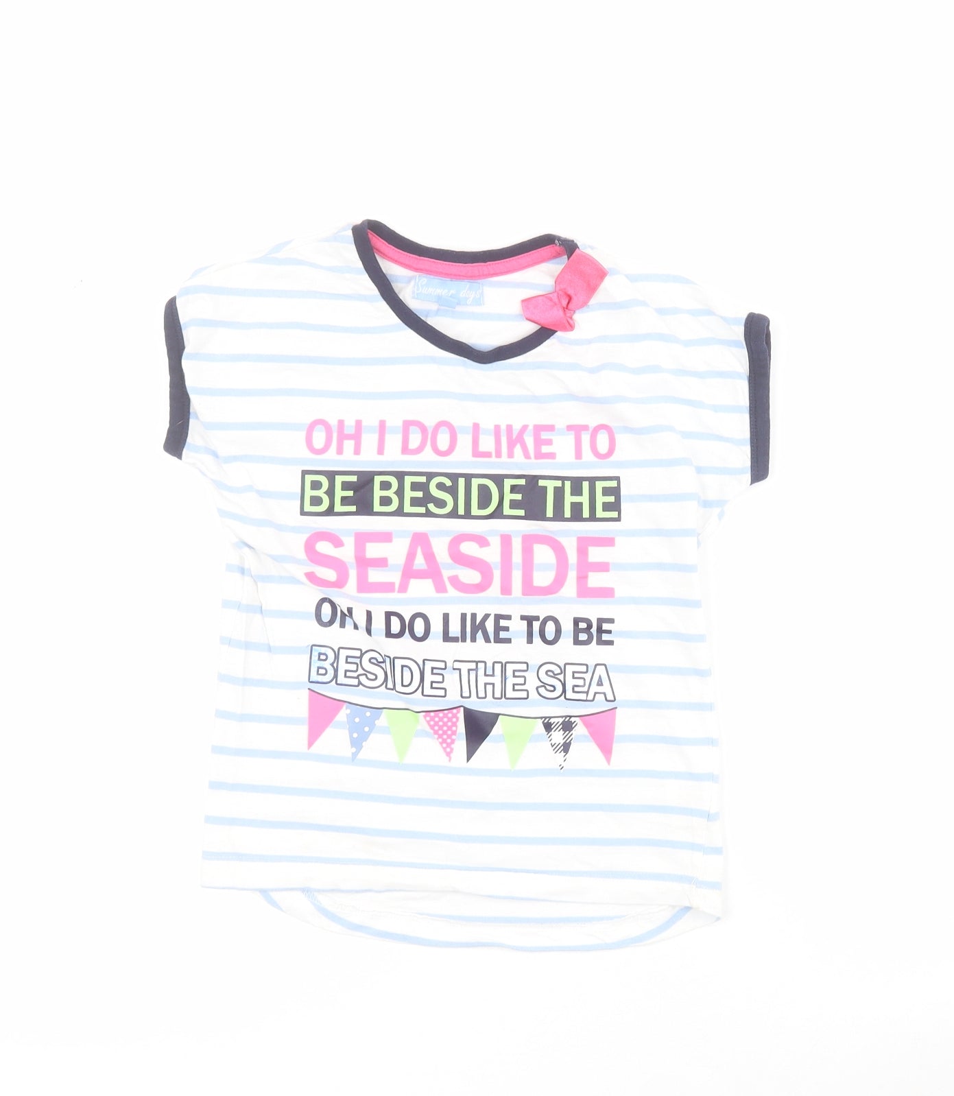 Summer Days Girls Blue Striped 100% Cotton Pullover T-Shirt Size 3-4 Years Round Neck Pullover - Slogan