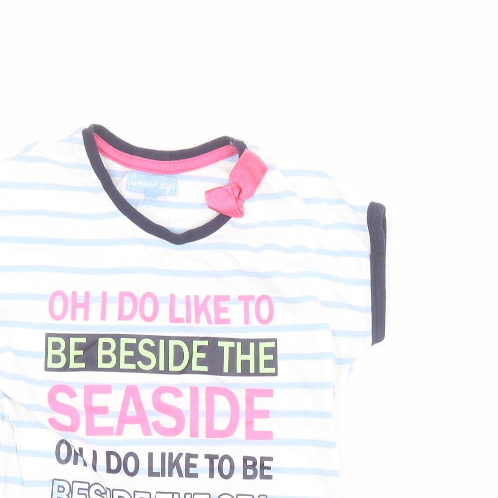 Summer Days Girls Blue Striped 100% Cotton Pullover T-Shirt Size 3-4 Years Round Neck Pullover - Slogan