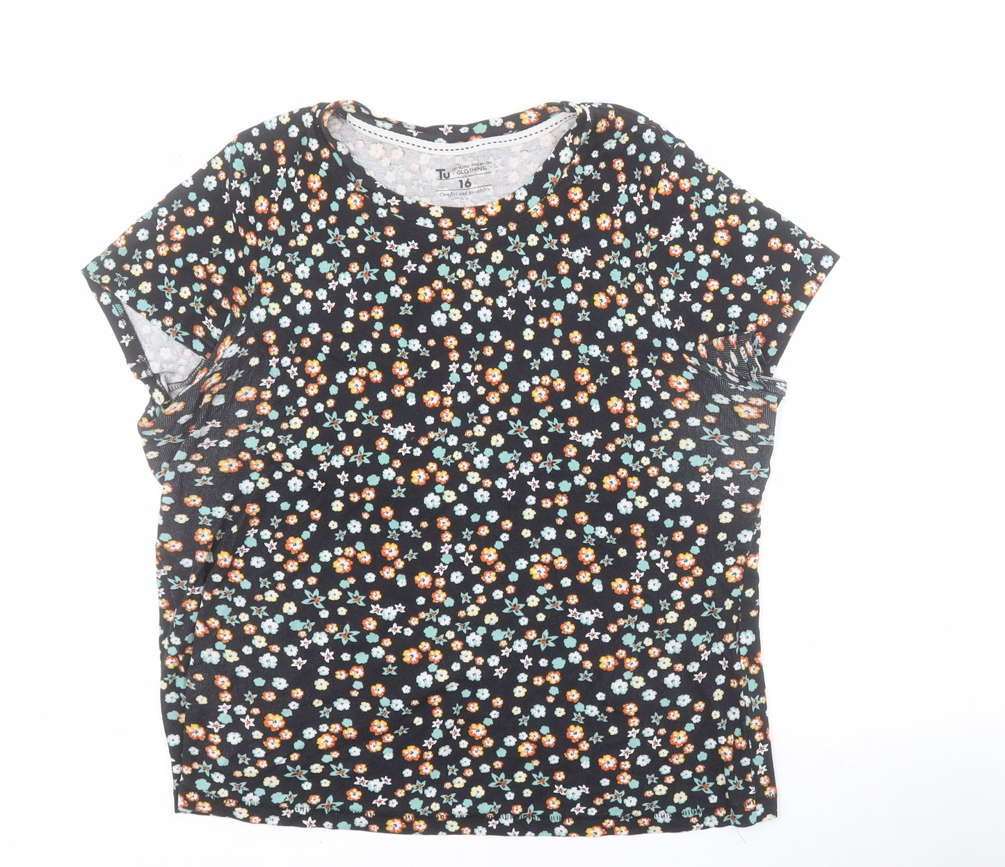TU Womens Black Floral 100% Cotton Basic T-Shirt Size 16 Round Neck