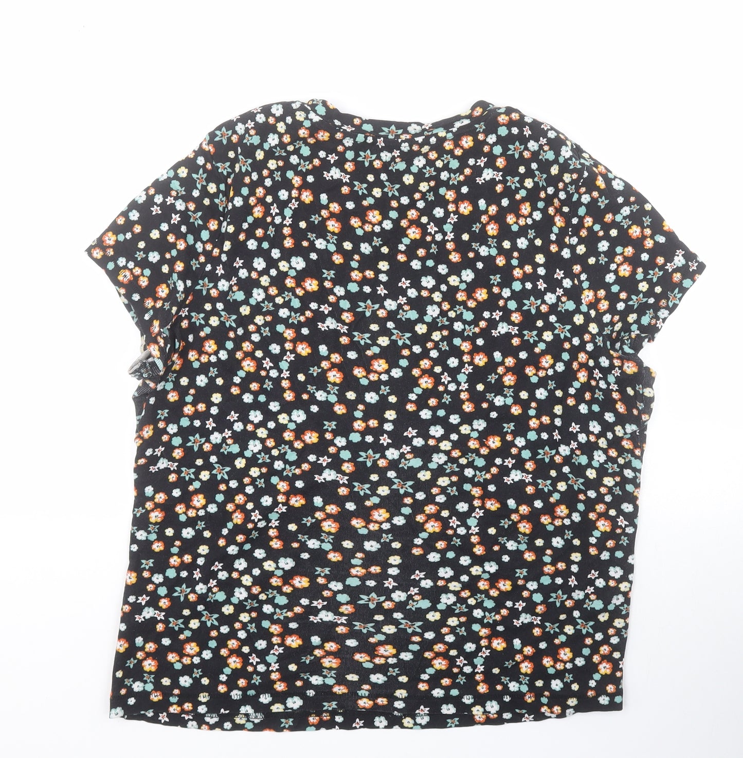 TU Womens Black Floral 100% Cotton Basic T-Shirt Size 16 Round Neck