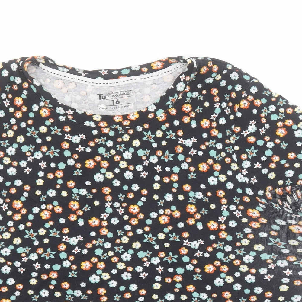 TU Womens Black Floral 100% Cotton Basic T-Shirt Size 16 Round Neck