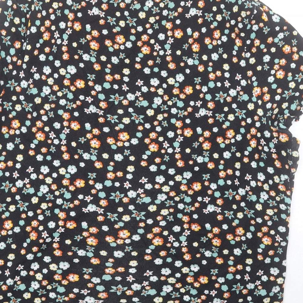 TU Womens Black Floral 100% Cotton Basic T-Shirt Size 16 Round Neck