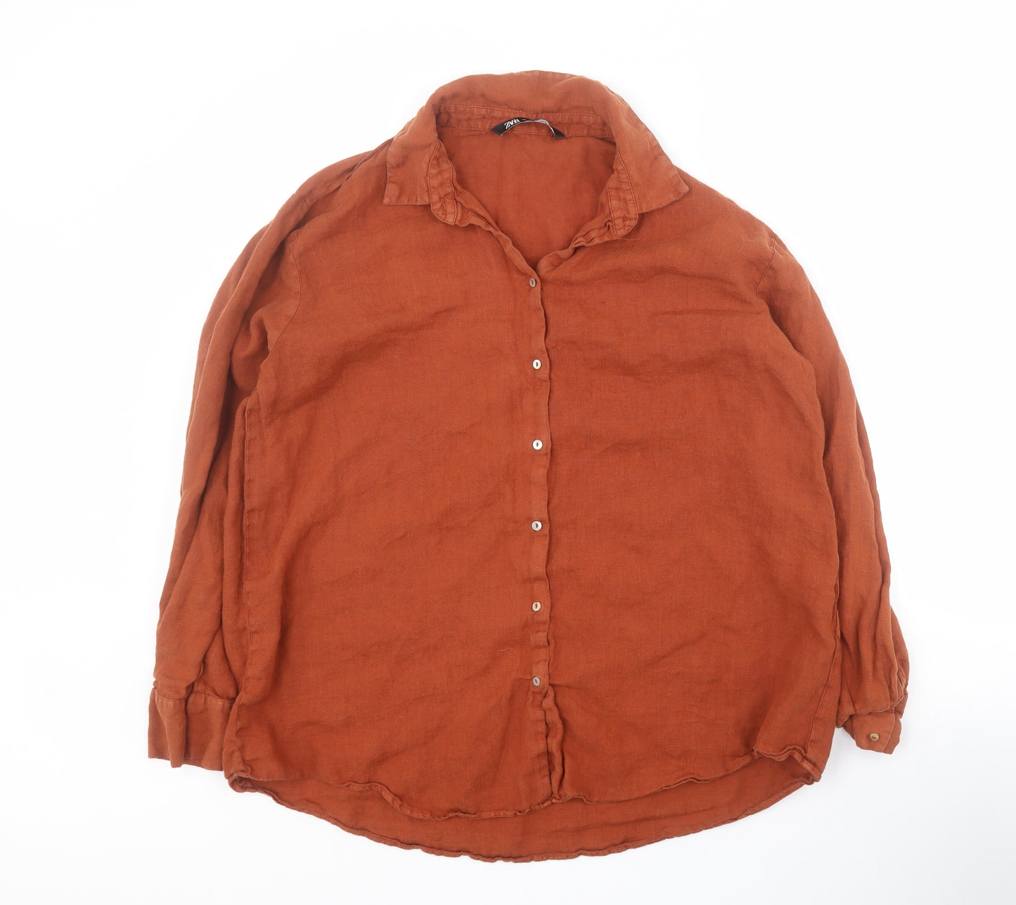 Zara Womens Orange  Linen Basic Button-Up Size L Collared