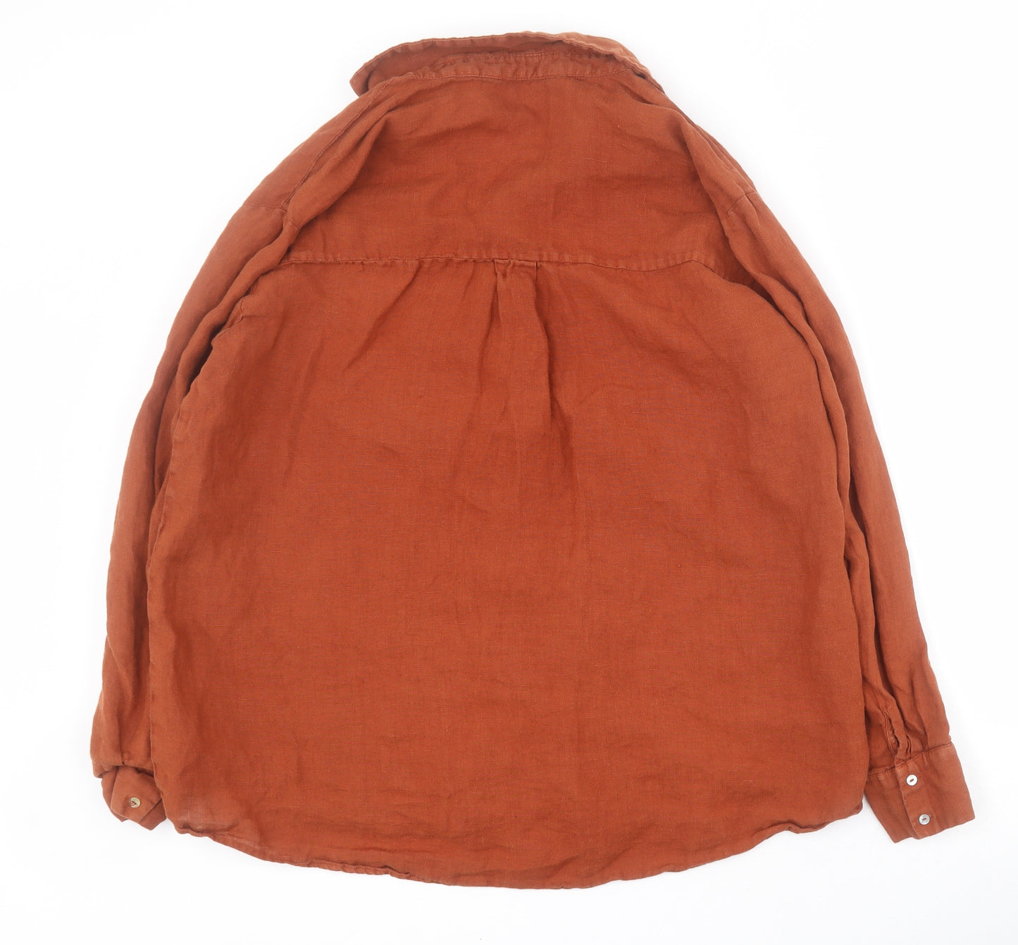 Zara Womens Orange  Linen Basic Button-Up Size L Collared