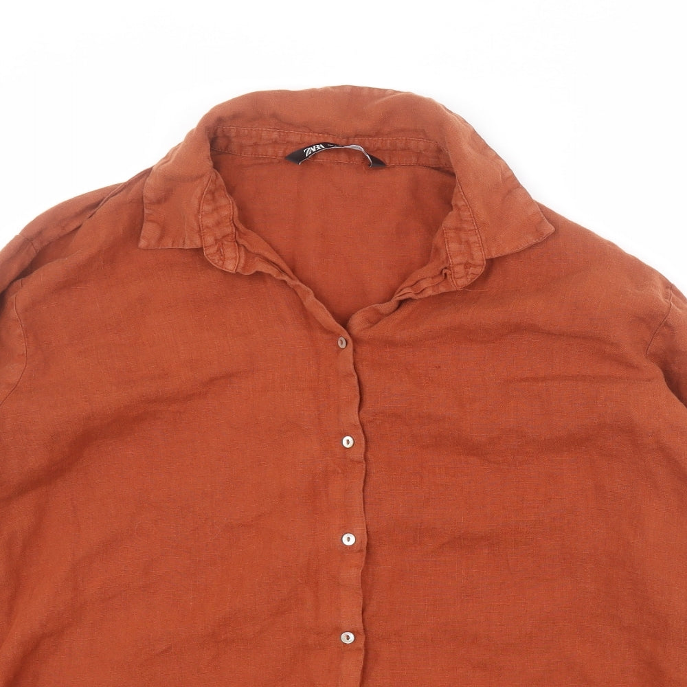 Zara Womens Orange  Linen Basic Button-Up Size L Collared