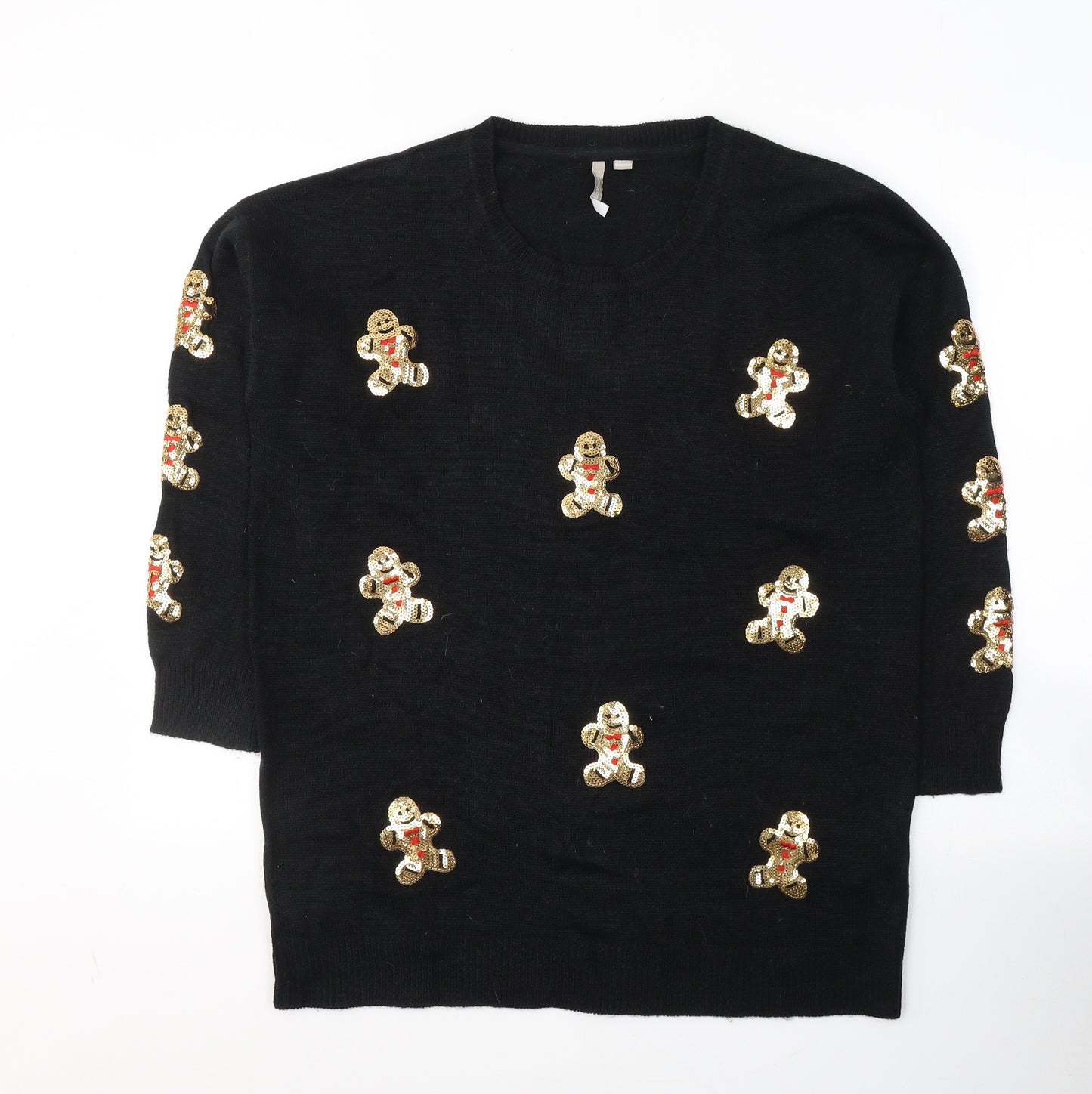 Anthology Womens Black Round Neck  Acrylic Pullover Jumper Size 16   - Gingerbread Man Christmas