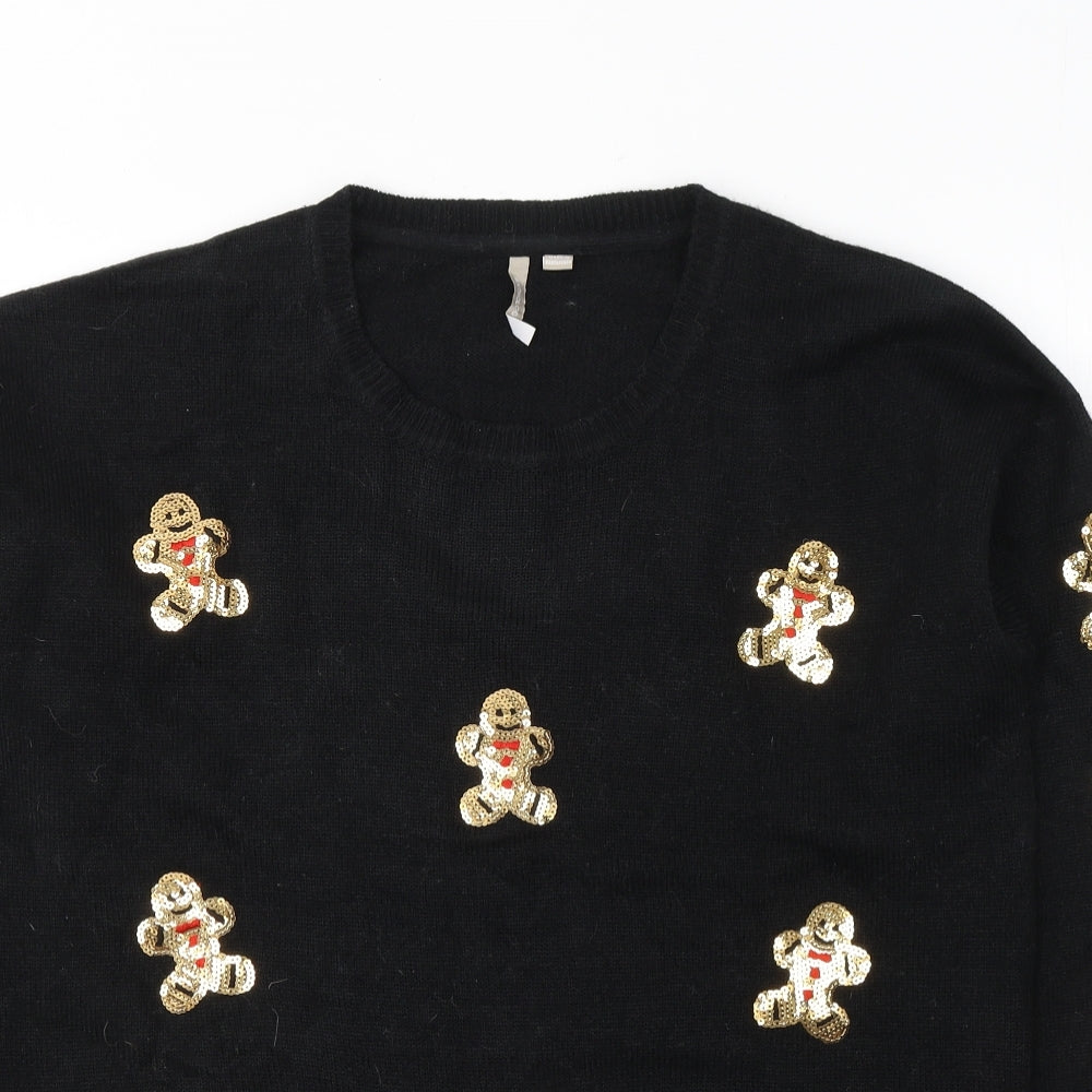 Anthology Womens Black Round Neck  Acrylic Pullover Jumper Size 16   - Gingerbread Man Christmas