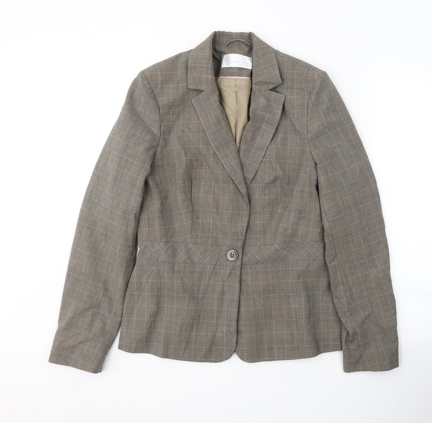 AMARANTO Womens Brown Plaid Polyester Jacket Blazer Size 12