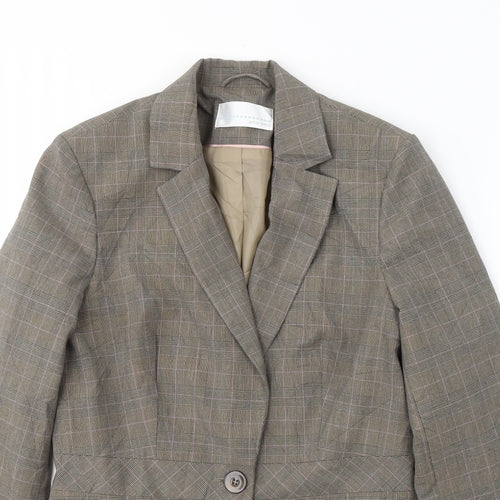 AMARANTO Womens Brown Plaid Polyester Jacket Blazer Size 12