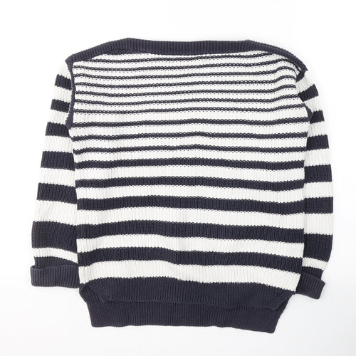 Marks and Spencer Womens White Boat Neck Striped Cotton Pullover Jumper Size M