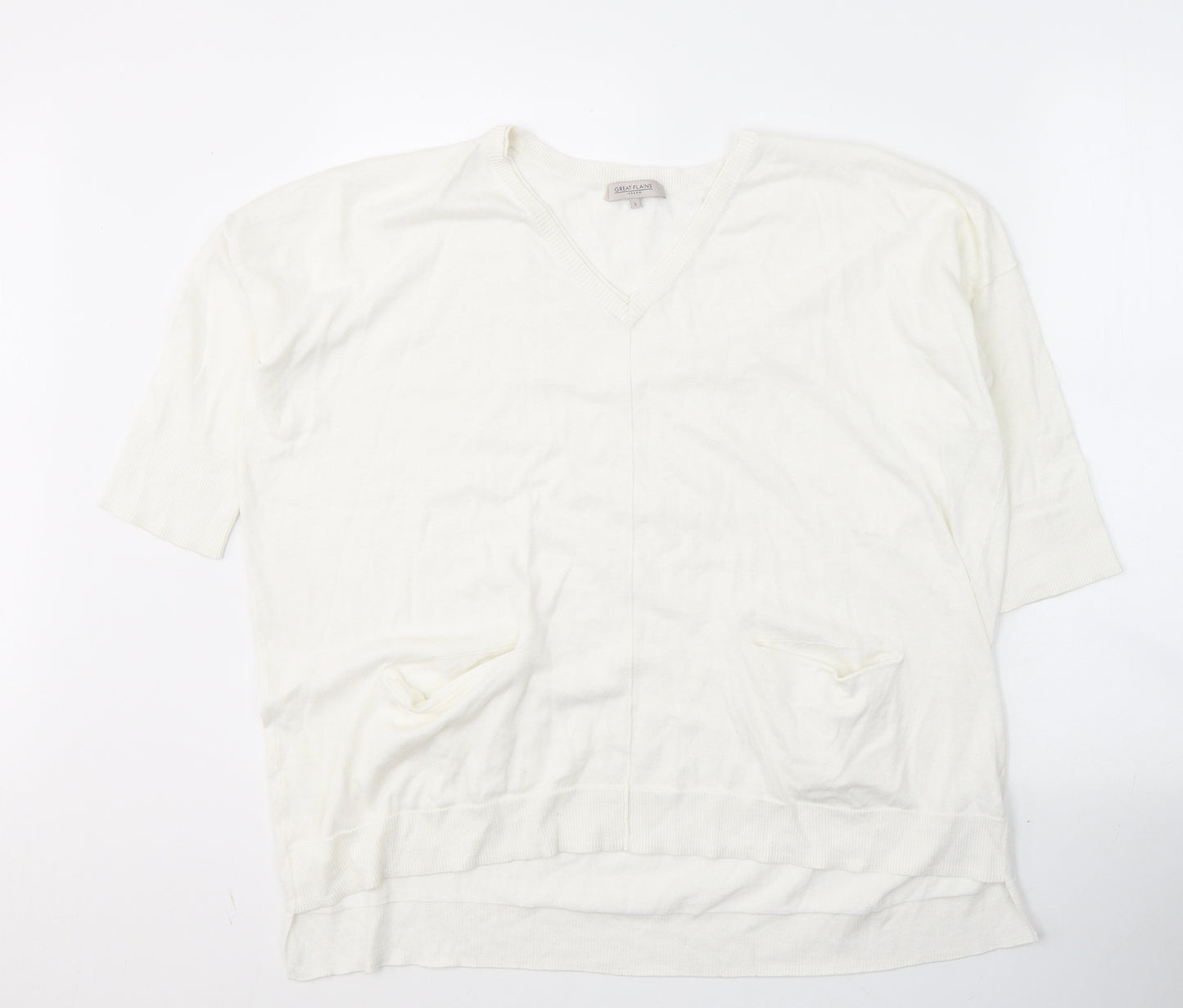 Great Plains Womens White Round Neck  Cotton Pullover Jumper Size M