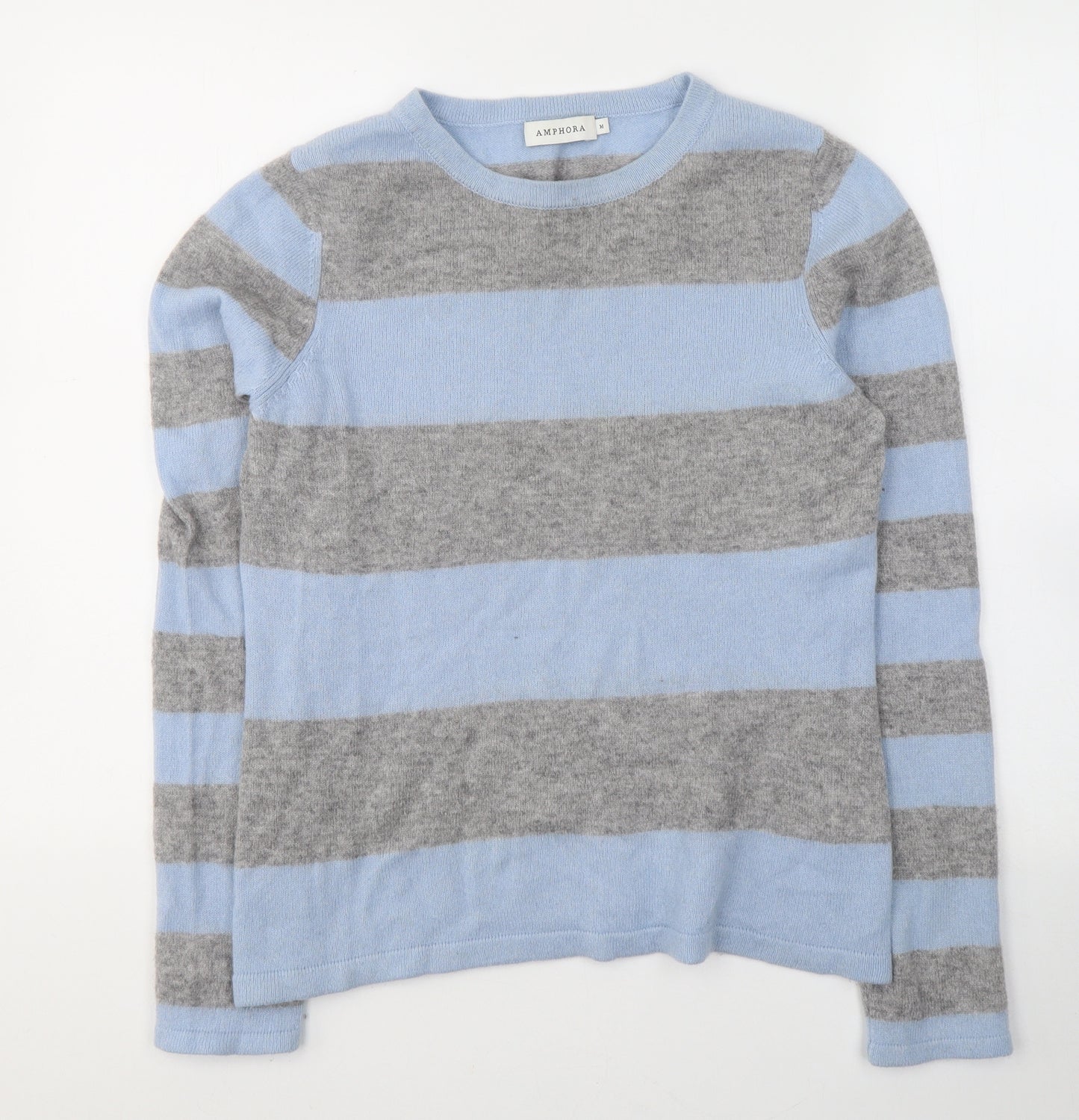 Amphora Mens Blue Round Neck Striped Cashmere Pullover Jumper Size M