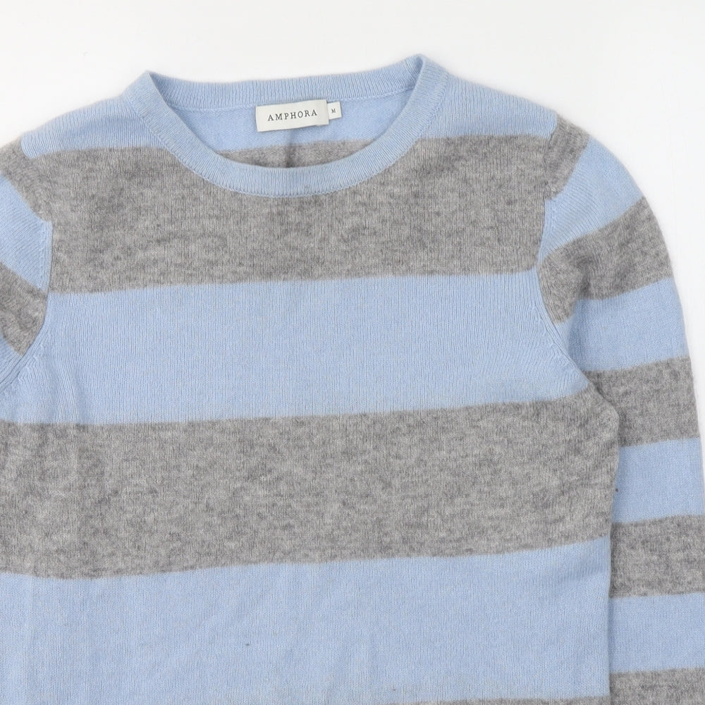Amphora Mens Blue Round Neck Striped Cashmere Pullover Jumper Size M
