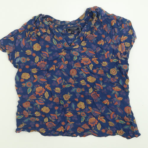 Maine Womens Blue Floral Viscose Basic T-Shirt Size 14 V-Neck