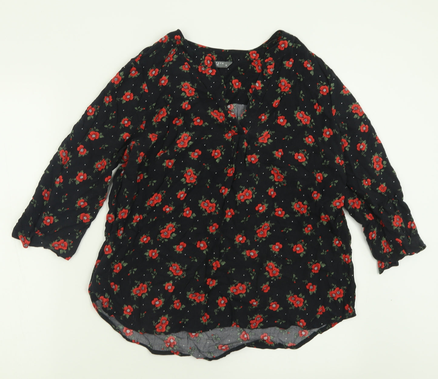 Papaya Womens Black Floral Viscose Basic Blouse Size 14 V-Neck