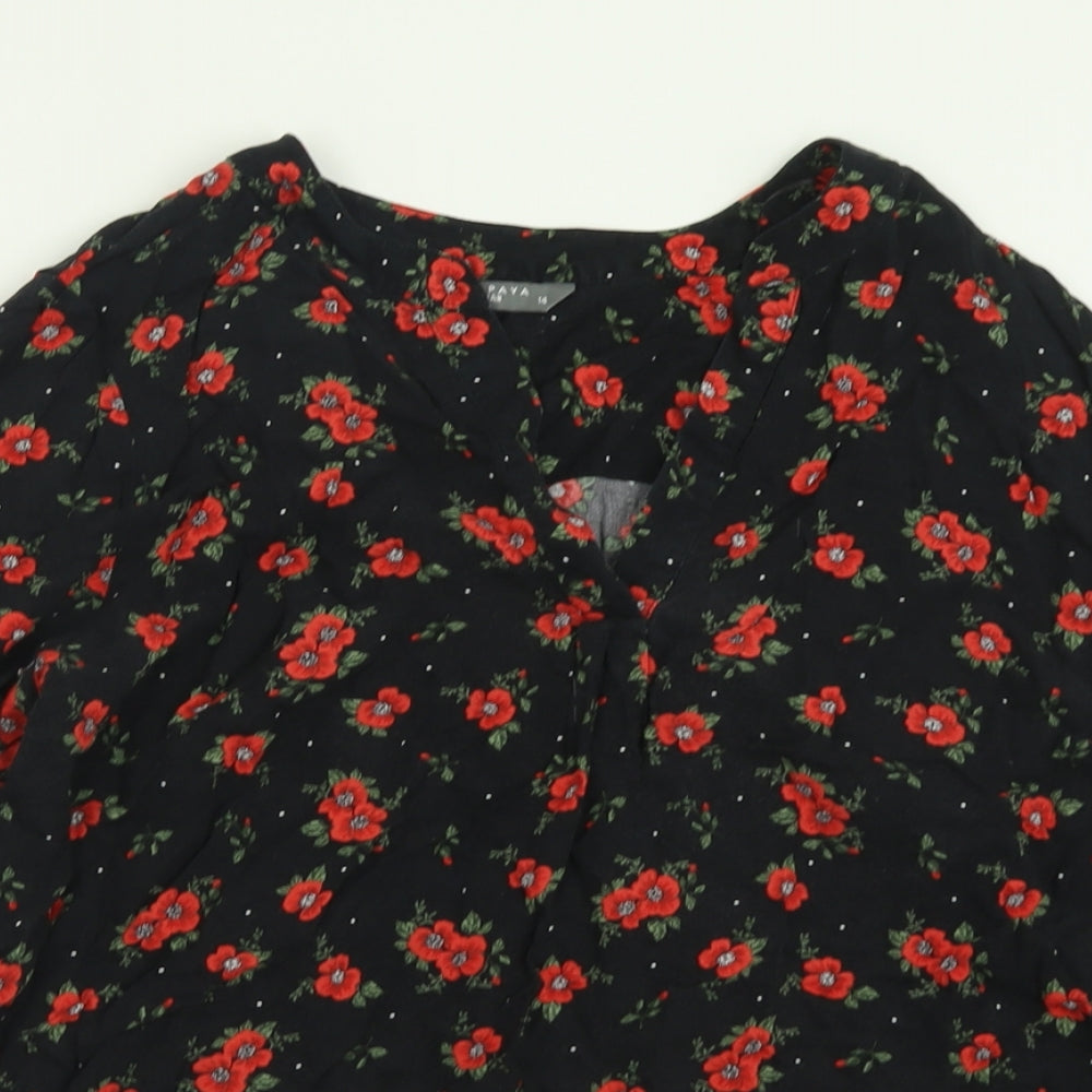 Papaya Womens Black Floral Viscose Basic Blouse Size 14 V-Neck