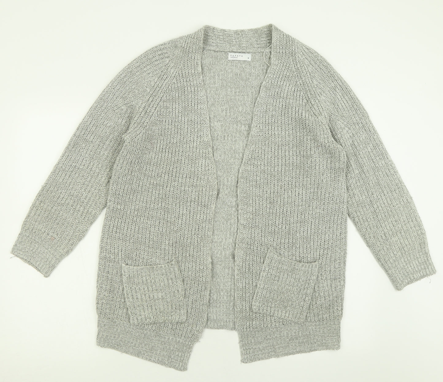 Papaya Womens Grey V-Neck  Acrylic Cardigan Jumper Size M