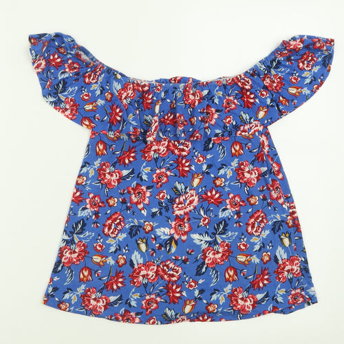 Springfield Womens Blue Floral Viscose Basic T-Shirt Size XS Off the Shoulder