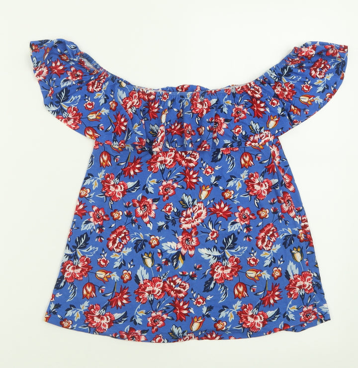 Springfield Womens Blue Floral Viscose Basic T-Shirt Size XS Off the Shoulder
