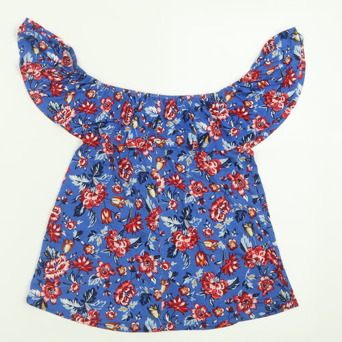 Springfield Womens Blue Floral Viscose Basic T-Shirt Size XS Off the Shoulder