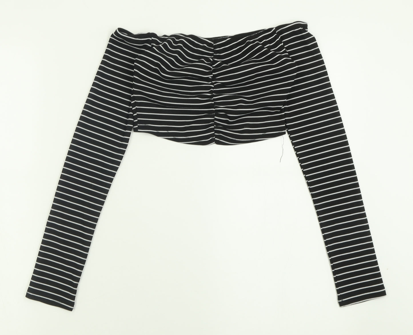 COLLUSION Womens Black Striped Polyester Cropped T-Shirt Size 8 Off the Shoulder