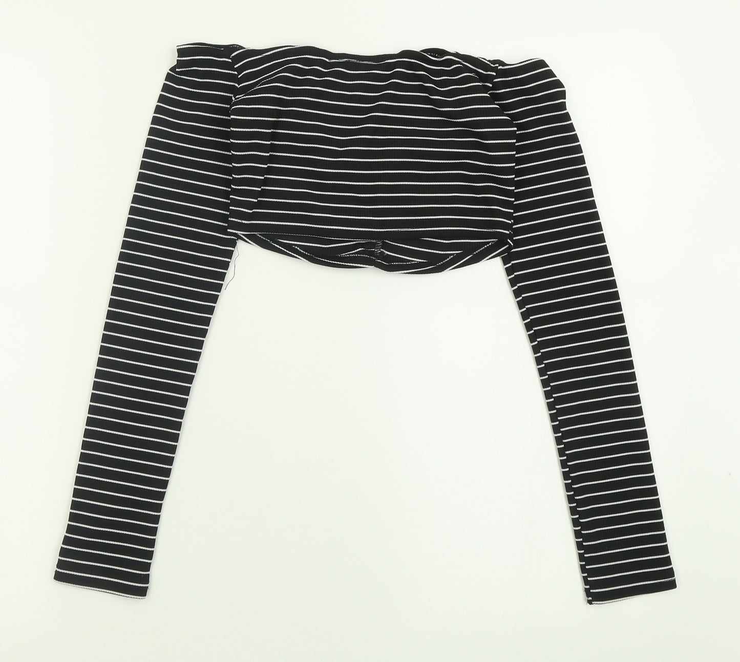 COLLUSION Womens Black Striped Polyester Cropped T-Shirt Size 8 Off the Shoulder