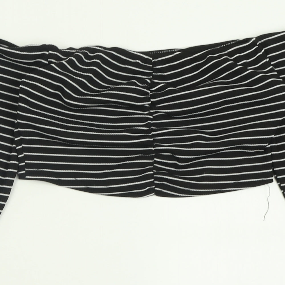 COLLUSION Womens Black Striped Polyester Cropped T-Shirt Size 8 Off the Shoulder