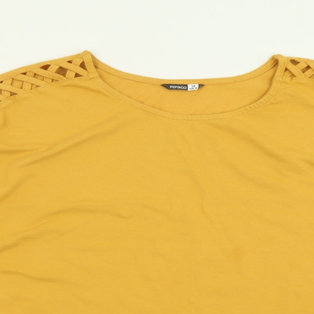 pep&co Womens Yellow  Cotton Basic T-Shirt Size 16 Crew Neck - Shoulder Detail