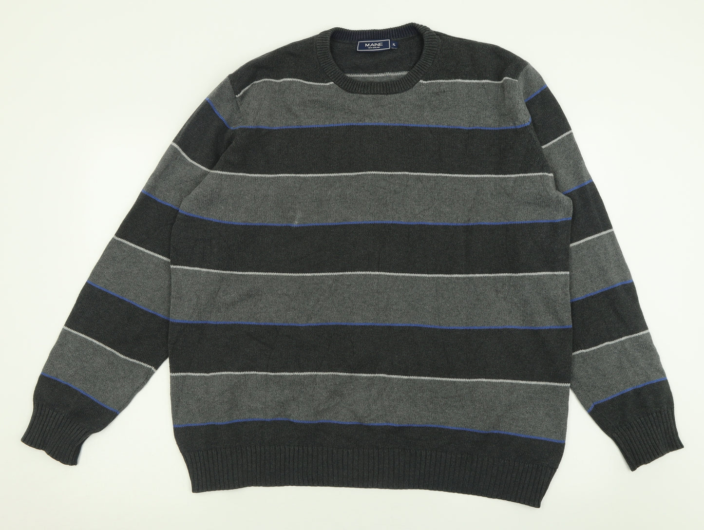 Maine Mens Grey Crew Neck Striped Cotton Pullover Jumper Size XL