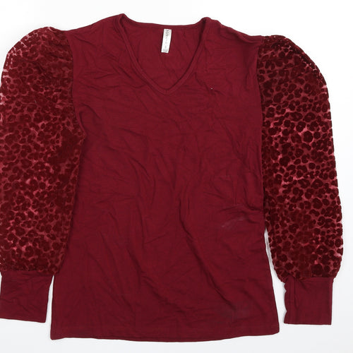 Poplin Womens Red V-Neck Animal Print Viscose Pullover Jumper Size S