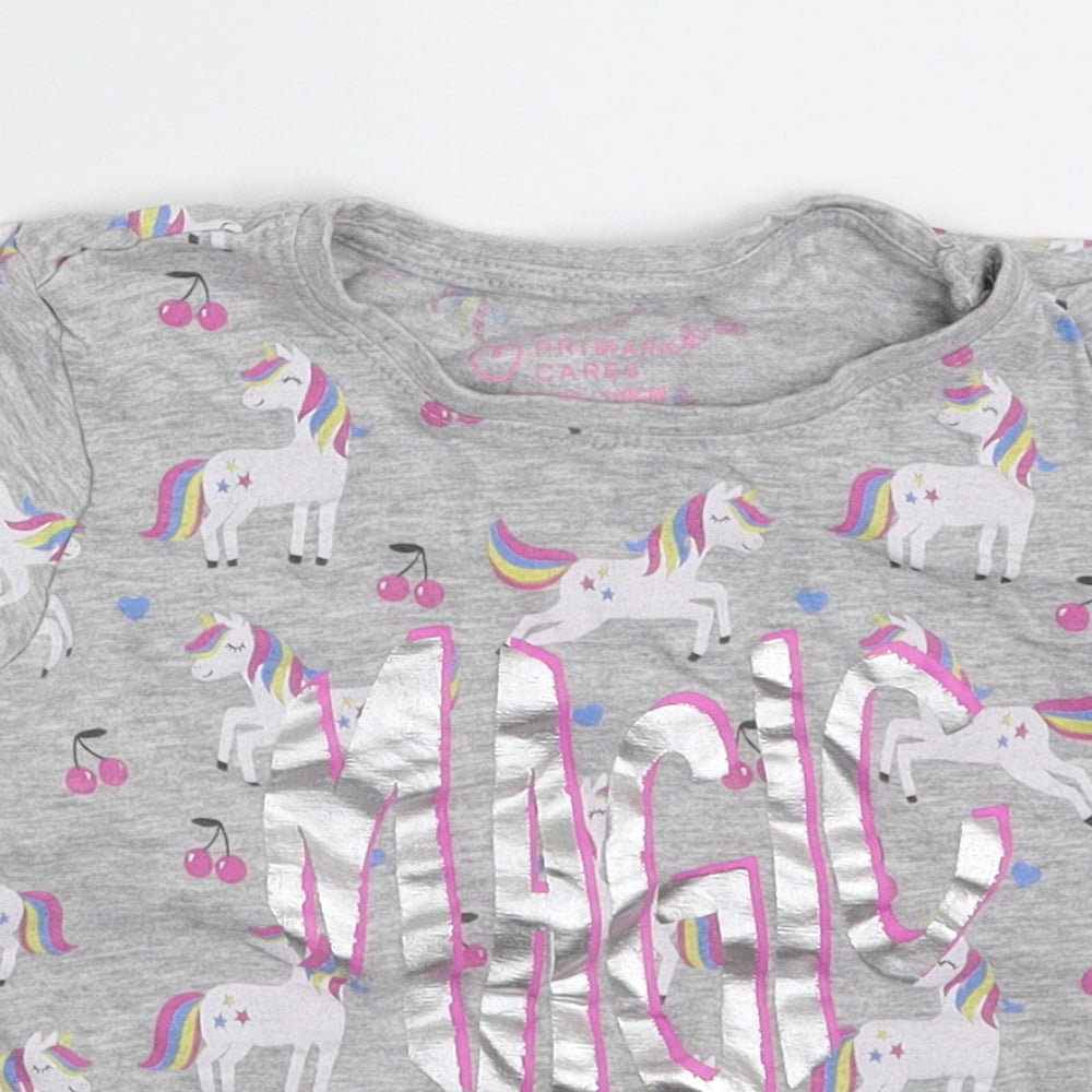 Primark Girls Grey  100% Cotton Pullover T-Shirt Size 5-6 Years Crew Neck Pullover - Magic