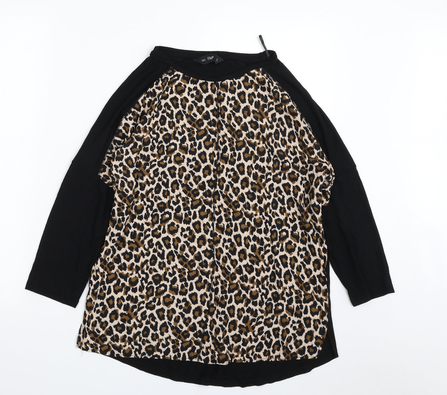 F&F Womens Black Animal Print Viscose Tunic T-Shirt Size 12 Crew Neck