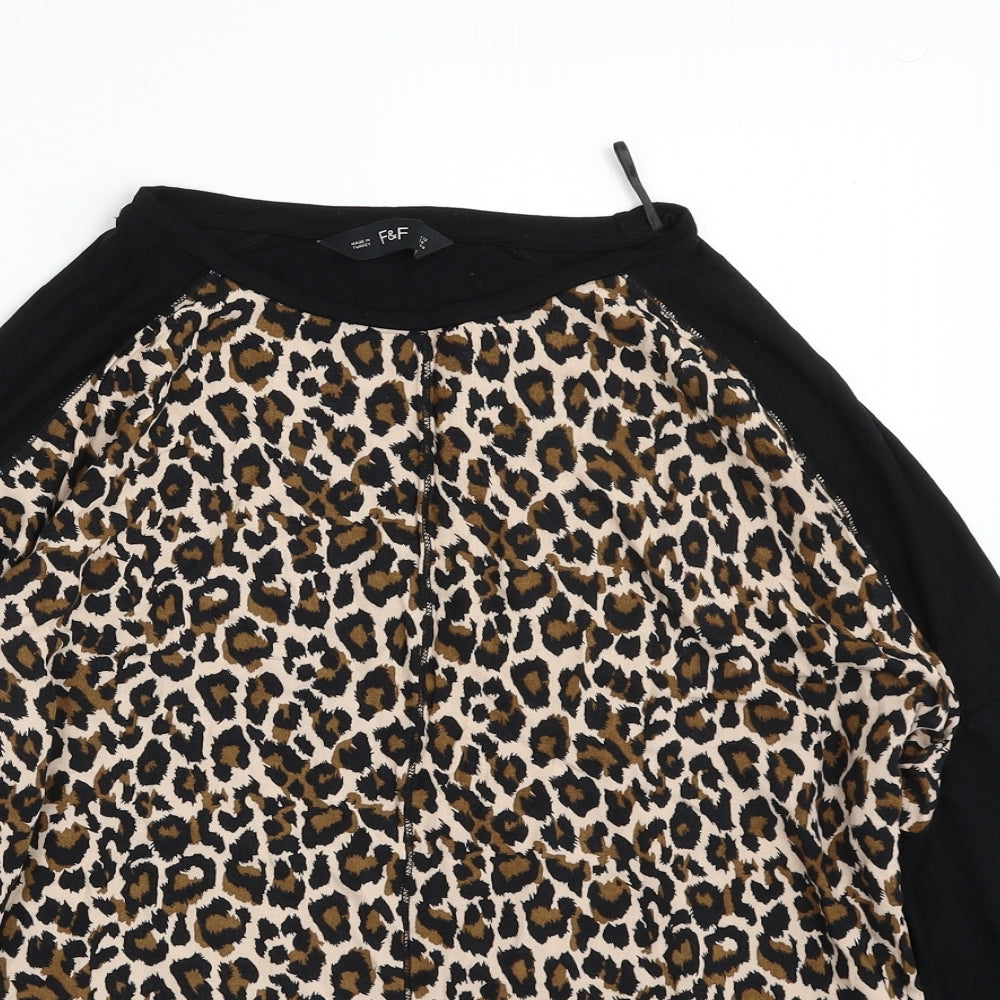 F&F Womens Black Animal Print Viscose Tunic T-Shirt Size 12 Crew Neck