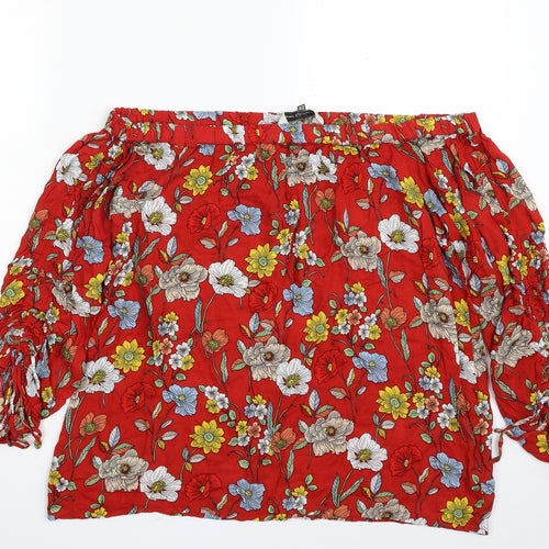 F&F Womens Red Floral Viscose Basic Blouse Size 14 Off the Shoulder - Tie