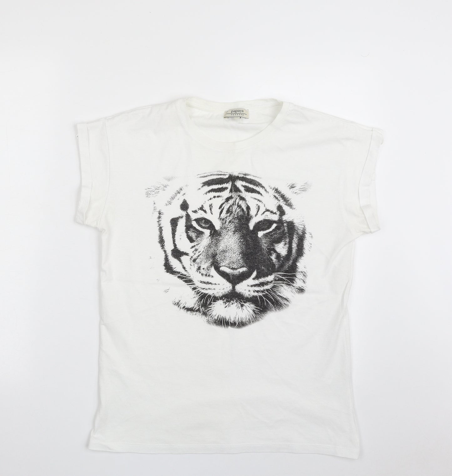 Papaya Womens White  100% Cotton Basic T-Shirt Size 10 Crew Neck - Tigress