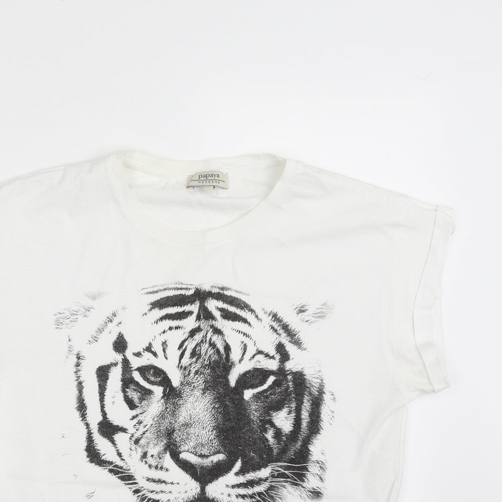 Papaya Womens White  100% Cotton Basic T-Shirt Size 10 Crew Neck - Tigress