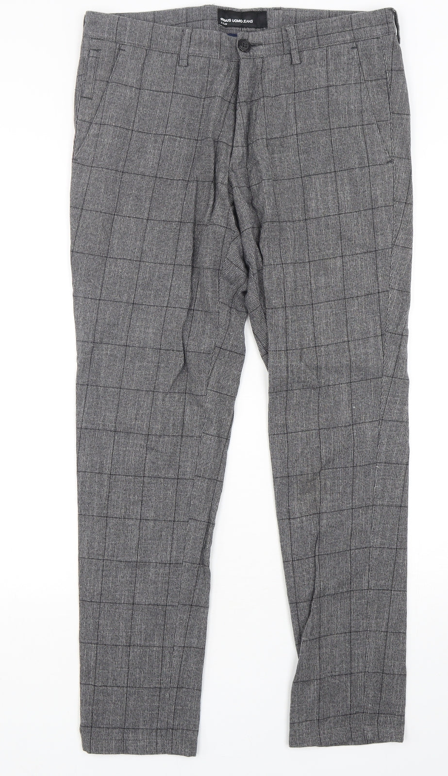 REMUS Mens Grey Check Cotton Trousers  Size 32 L30 in Extra-Slim