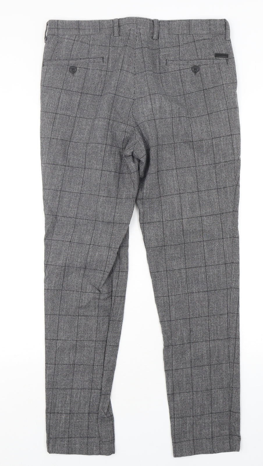 REMUS Mens Grey Check Cotton Trousers  Size 32 L30 in Extra-Slim