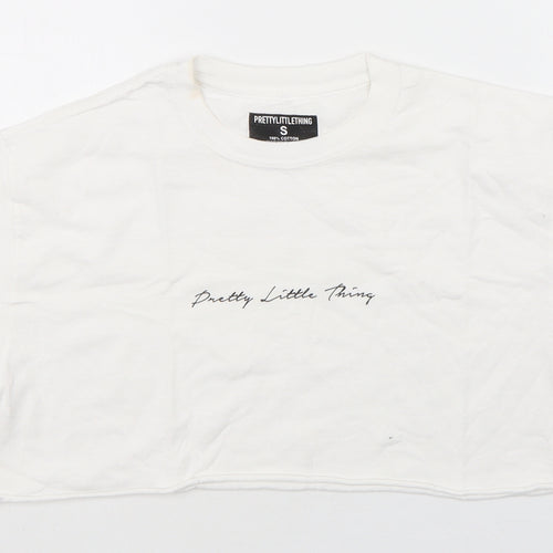 PRETTYLITTLETHING Womens White  Cotton Cropped T-Shirt Size S Round Neck