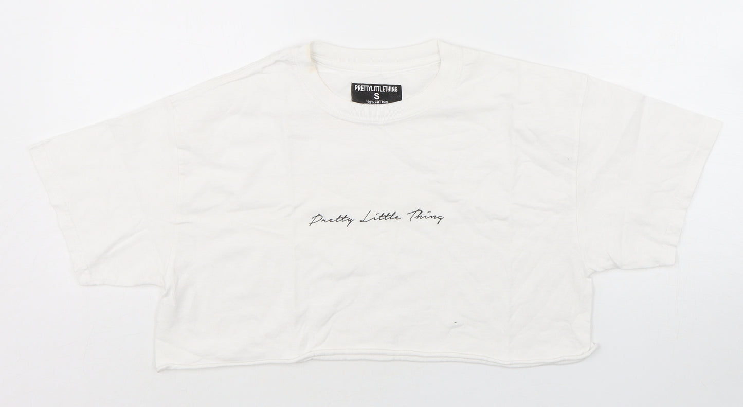 PRETTYLITTLETHING Womens White  Cotton Cropped T-Shirt Size S Round Neck