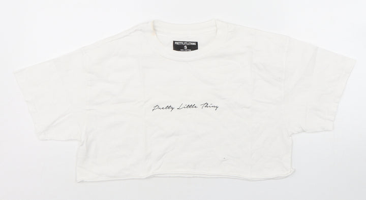 PRETTYLITTLETHING Womens White  Cotton Cropped T-Shirt Size S Round Neck