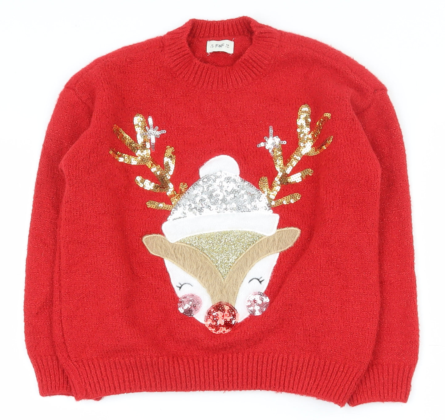 F&F Girls Red High Neck  Polyester Pullover Jumper Size 7-8 Years  Pullover - Christmas jumper