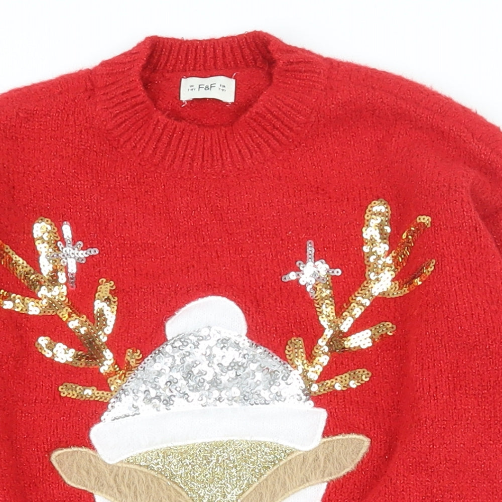 F&F Girls Red High Neck  Polyester Pullover Jumper Size 7-8 Years  Pullover - Christmas jumper