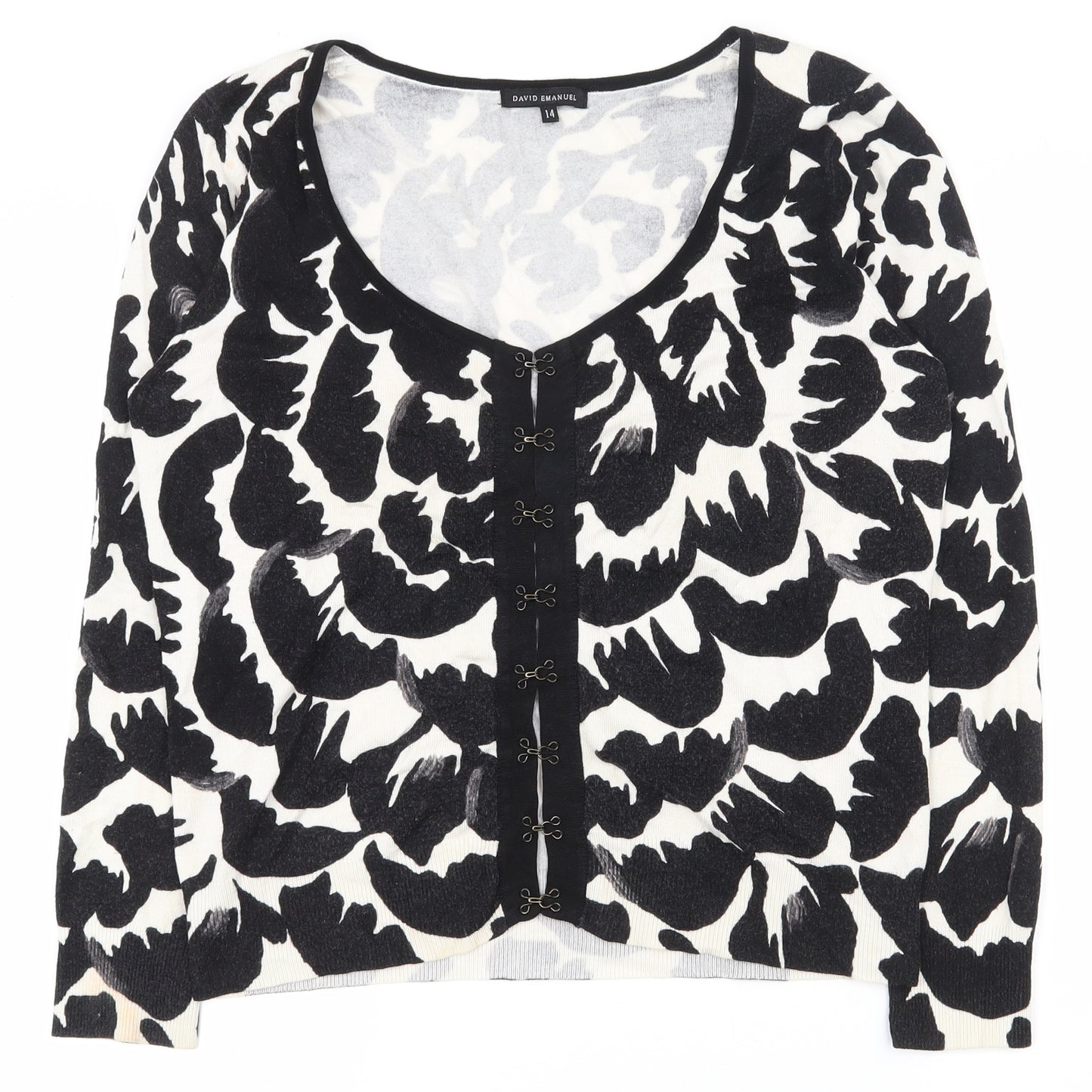 David Emanuel Womens Black Scoop Neck Geometric Viscose Cardigan Jumper Size 14   - Hook & Eye Closure