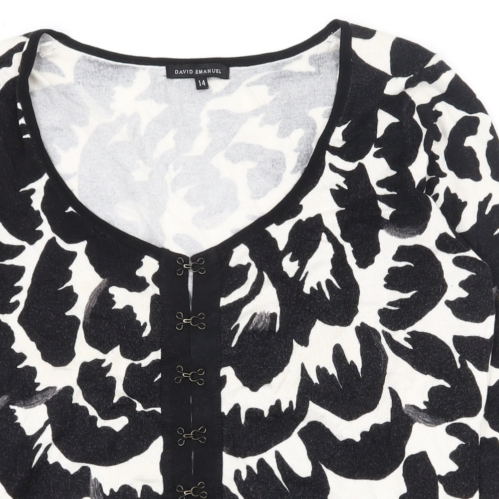 David Emanuel Womens Black Scoop Neck Geometric Viscose Cardigan Jumper Size 14   - Hook & Eye Closure