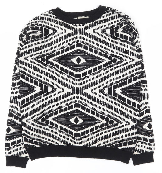Front view of ASOS women’s black round neck geometric nylon jumper, size UK 8