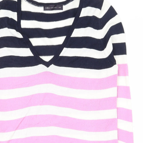 Marks and Spencer Womens Multicoloured V-Neck Striped Acrylic Pullover Jumper Size 10