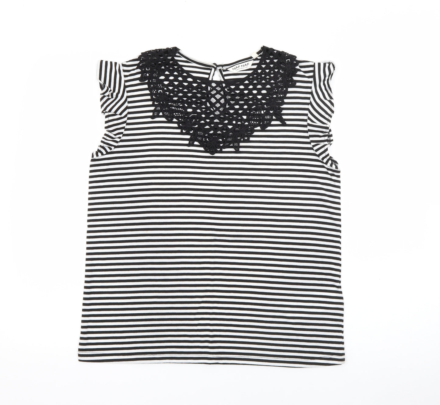 NAF NAF Womens White Striped Polyester Basic T-Shirt Size L Round Neck